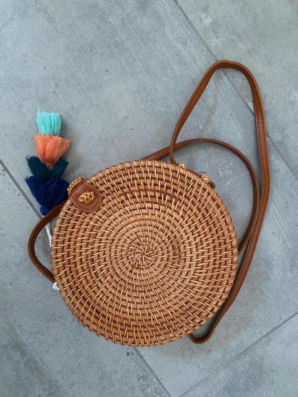 Round Woven Crossbody Bag in Brown with Colorful Tassels